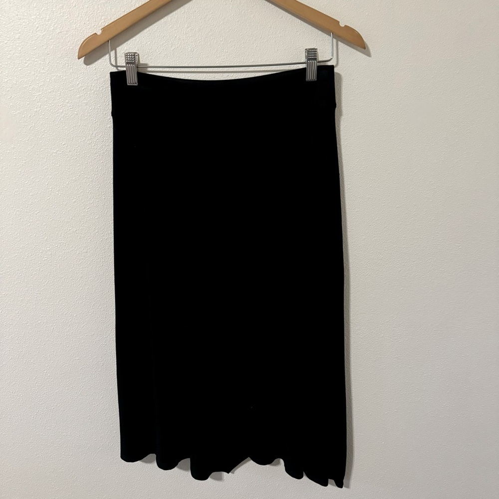 Eileen Fisher Stretch Jersey Faux Wrap Overlay A-Line Midi Skirt Black-XS